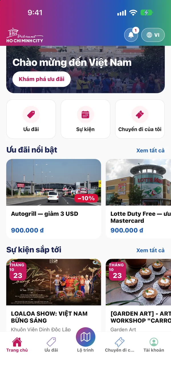 Màn hình Trang chủ của ứng dụng trên iPhone: ưu đãi nổi bật và sự kiện sắp tới